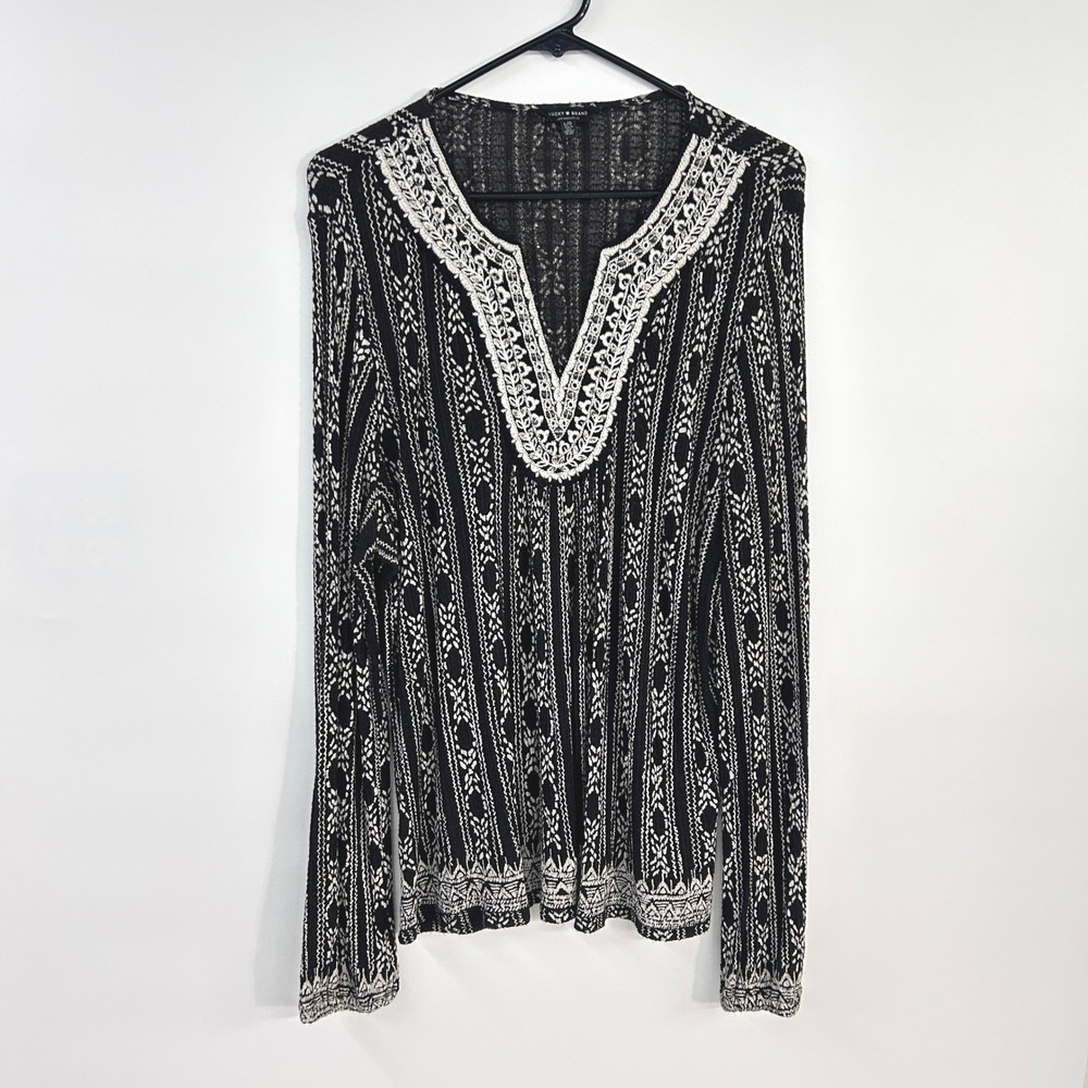 Lucky Brand Embroidered Blouse Large Black Romantic Boho Festival Peasant